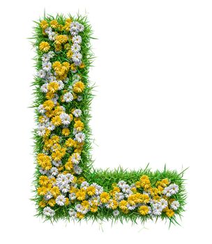 Letter L Of Green Grass And Flowers. Isolated On White Background. Font For Your Design. 3D Illustration