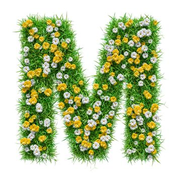 Letter M Of Green Grass And Flowers. Isolated On White Background. Font For Your Design. 3D Illustration