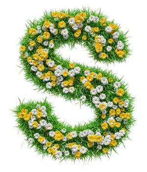Letter S Of Green Grass And Flowers. Isolated On White Background. Font For Your Design. 3D Illustration