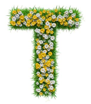 Letter T Of Green Grass And Flowers. Isolated On White Background. Font For Your Design. 3D Illustration