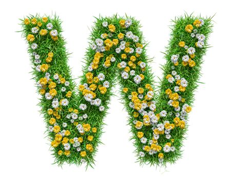 Letter W Of Green Grass And Flowers. Isolated On White Background. Font For Your Design. 3D Illustration