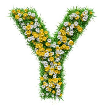 Letter Y Of Green Grass And Flowers. Isolated On White Background. Font For Your Design. 3D Illustration