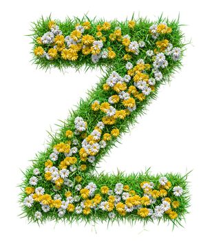 Letter Z Of Green Grass And Flowers. Isolated On White Background. Font For Your Design. 3D Illustration