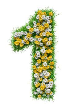 Number 1 of Green Grass And Flowers, isolated on white background. 3D illustration