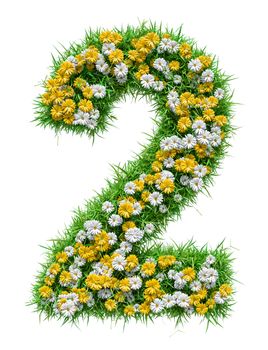 Number 2 of Green Grass And Flowers, isolated on white background. 3D illustration