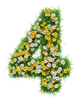 Number 4 of Green Grass And Flowers, isolated on white background. 3D illustration