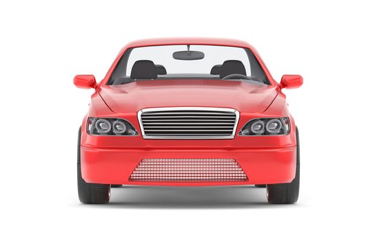 Brandless Generic Red Car. Front View. Isolated On White Background. 3D Illustration