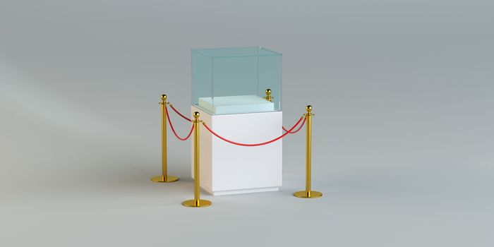 Empty Glass Showcase With Rope Barrier. Studio Background. 3D Illustration