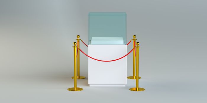 Glass exhibition with rope barrier. 3D Illustration