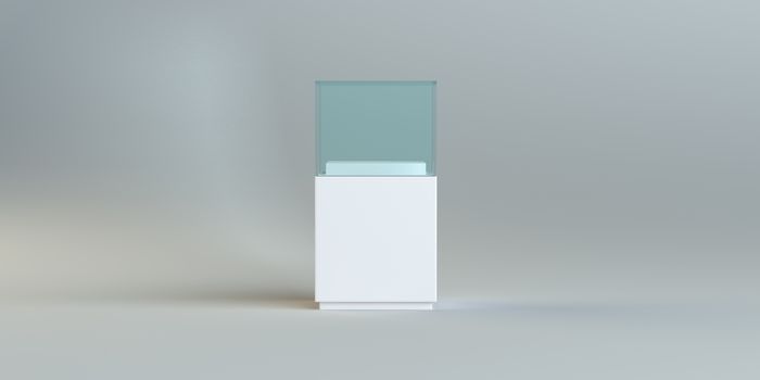 Empty glass showcase for exhibit on gray. 3D Illustration
