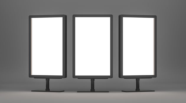 Blank billboards with copy space for your content. Empty Lightboxes on gray background. 3D Rendering