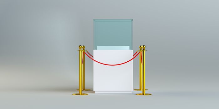 Empty glass showcase for exhibit with rope barrier. 3D Illustration