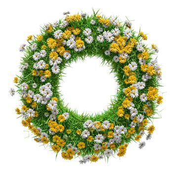 Nature frame of green grass and flowers with copy-space on white background, 3d illustration