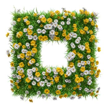 Green grass and flowers square frame with copy-space. Template isolated on white background. Symbol of nature and eco design. 3D Illustration