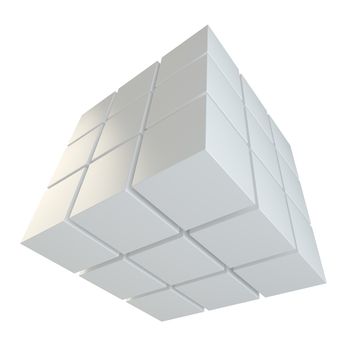 Abstract 3d illustration of cube assembling from blocks. Isolated on white. Template for your design