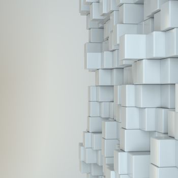 Wall of white cubes. 3D Illustration. Gray background. Web design element