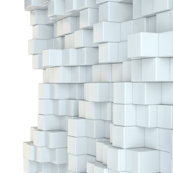 Wall of white cubes. 3D Illustration. White background. Web design element