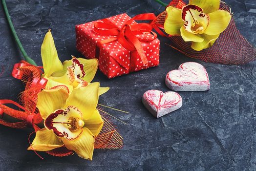 Symbolic hearts,gift and orchids Valentine day