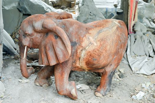 Sculpted representation of a wooden elephant in a cooperative in Mombasa