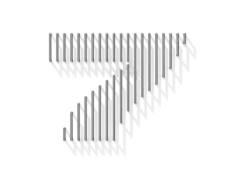 Silver, steel wire font. Number SEVEN 7 with vertical shadows. 3D render illustration isolated on white background
