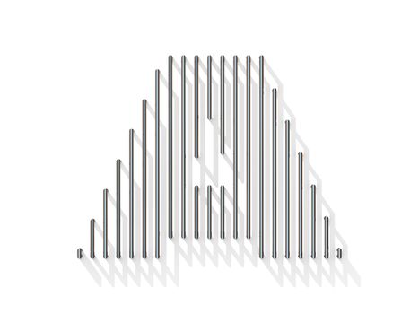 Silver, steel wire font. Letter A with vertical shadows.  3D render illustration isolated on white background