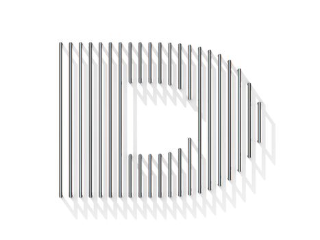 Silver, steel wire font. Letter D with vertical shadows.  3D render illustration isolated on white background
