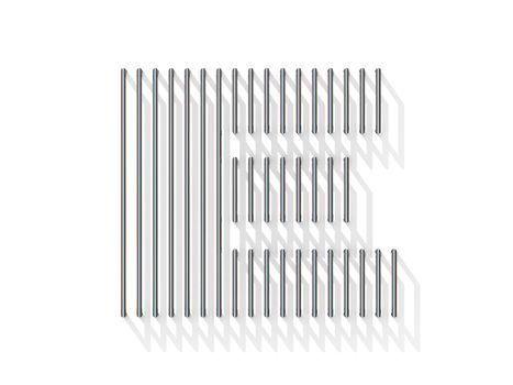Silver, steel wire font. Letter E with vertical shadows.  3D render illustration isolated on white background