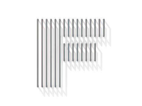 Silver, steel wire font. Letter F with vertical shadows.  3D render illustration isolated on white background