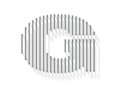Silver, steel wire font. Letter G with vertical shadows.  3D render illustration isolated on white background
