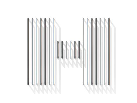 Silver, steel wire font. Letter H with vertical shadows.  3D render illustration isolated on white background