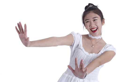 Asian girl close up portrait on a white background