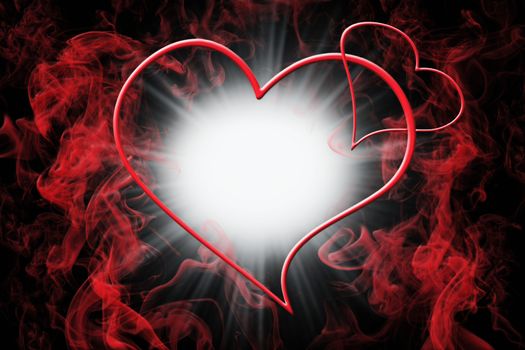 Hearts and Red Smoke With Light Burst. Valentine's Day Love Concept Background 3D Illustration
