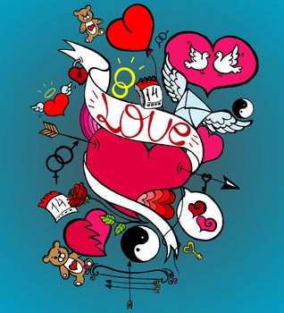 Love, Happy Valentine's Day Illustration, Bow, Arrows, Hearts, Mars and Venus Symbol, Lock, Keys, Rose Flower, Calendar, Letter with Wings, Two White Pigeons, Hand Drawn