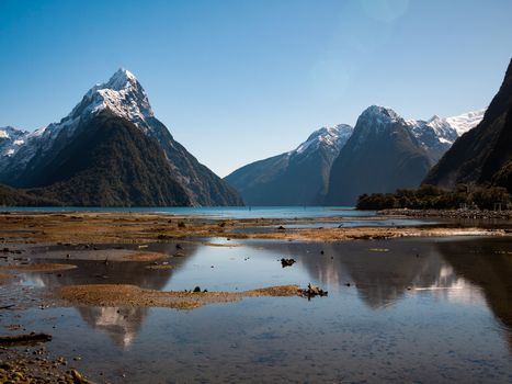 Snow caped mountains reflecting in a lake