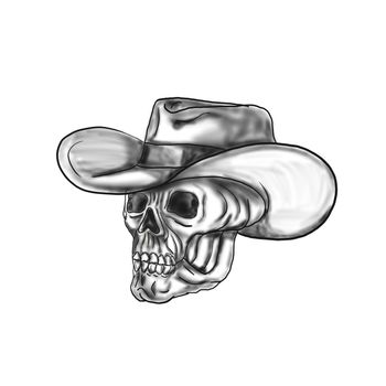 Tattoo style illustration of a cowboy skull wearing hat looking to the side set on isolated white background. 