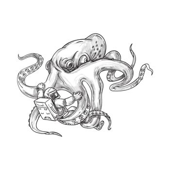 Tattoo style illustration of a giant octopus fighting an astronaut holding astronaut with it's tentacles set on isolated white background. 