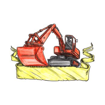 Tattoo style illustration of a mechanical digger excavator earthmover 
with driver viewed from low angle set on isolated white background with ribbon. 