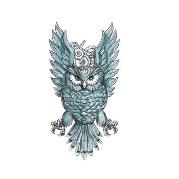 Tattoo style illustration of an owl swooping with clock gears behind its wings viewed from the front set on isolated white background.