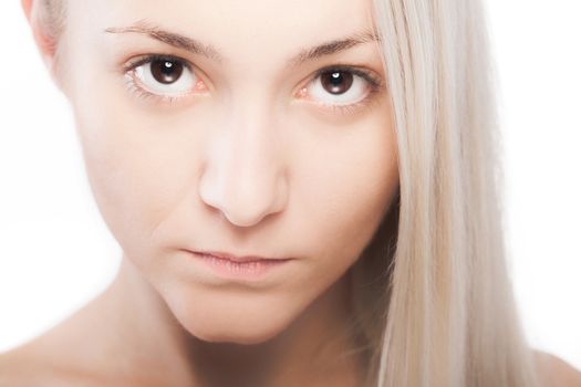 Studio portrait of beautiful caucasian girl with blond hair