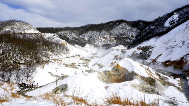 Noboribetsu onsen snow winter landscape national park in Jigokudani, Hokkaido, Japan
