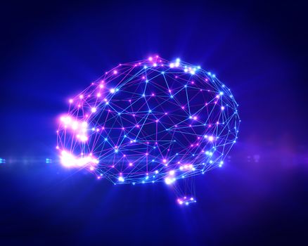 Polygonal brain shape of an artificial intelligence with lines and glowing dots and shadow over the dark blue background. 3D rendering.