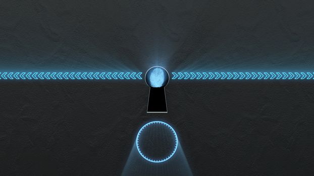 Security concept: fingerprint in the keyhole and technology element. Cybersecurity.