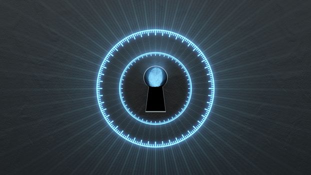 Security concept: fingerprint in the keyhole and technology element. Cybersecurity.
