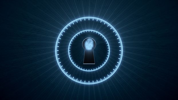 Security concept: fingerprint in the keyhole and technology element. Cybersecurity.