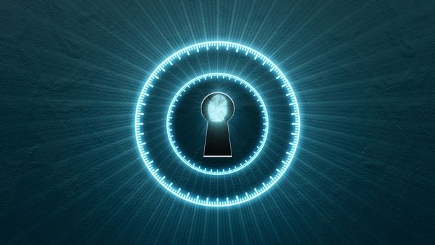 Security concept: fingerprint in the keyhole and technology element. Cybersecurity.