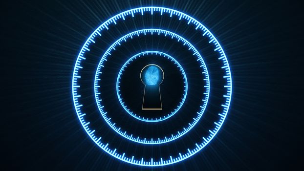 Security concept: fingerprint in the keyhole and technology element. Cybersecurity.