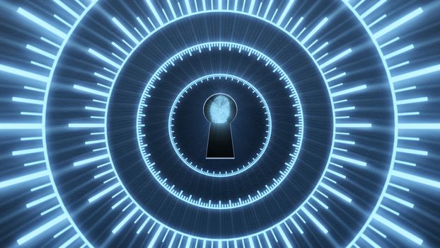 Security concept: fingerprint in the keyhole and technology element. Cybersecurity.