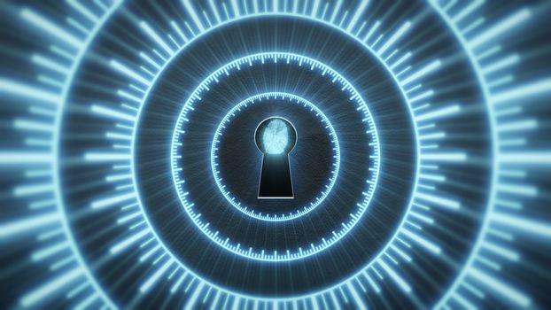 Security concept: fingerprint in the keyhole and technology element. Cybersecurity.