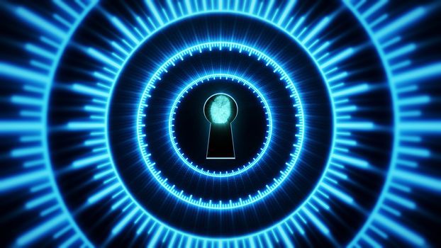 Security concept: fingerprint in the keyhole and technology element. Cybersecurity.