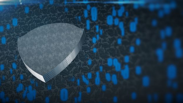 The composition of cybersecurity. Shield with binary code and depth of field. 3D rendering
